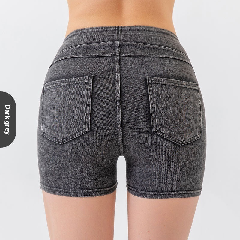 High Waist Hip Lift Yoga Denim Shorts Women's High Elastic Sports Fitness Shorts