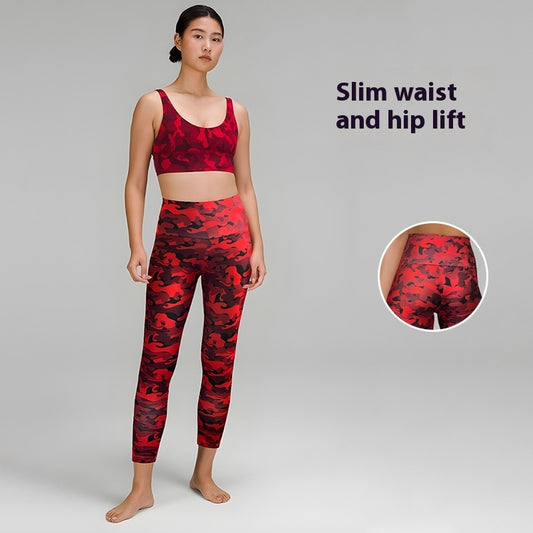 Pantalones de yoga con estampado de camuflaje rojo para mujer