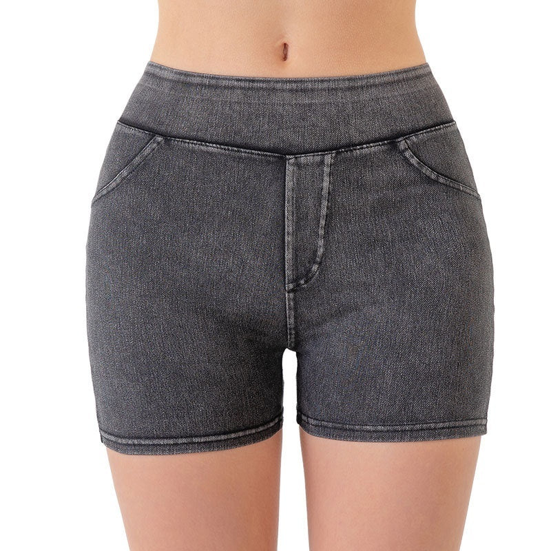 Pantalones cortos de mezclilla de cintura alta para yoga y levantamiento de cadera, pantalones cortos deportivos de fitness de alta elasticidad para mujer