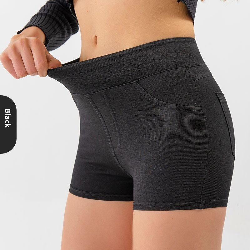 Pantalones cortos de mezclilla de cintura alta para yoga y levantamiento de cadera, pantalones cortos deportivos de fitness de alta elasticidad para mujer